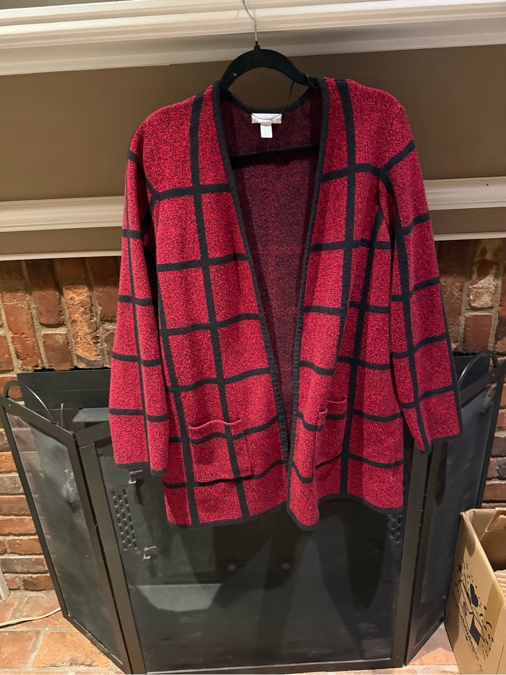 Charter Club Red & Black Windowpane Open-Front Cardigan Sweater - XL